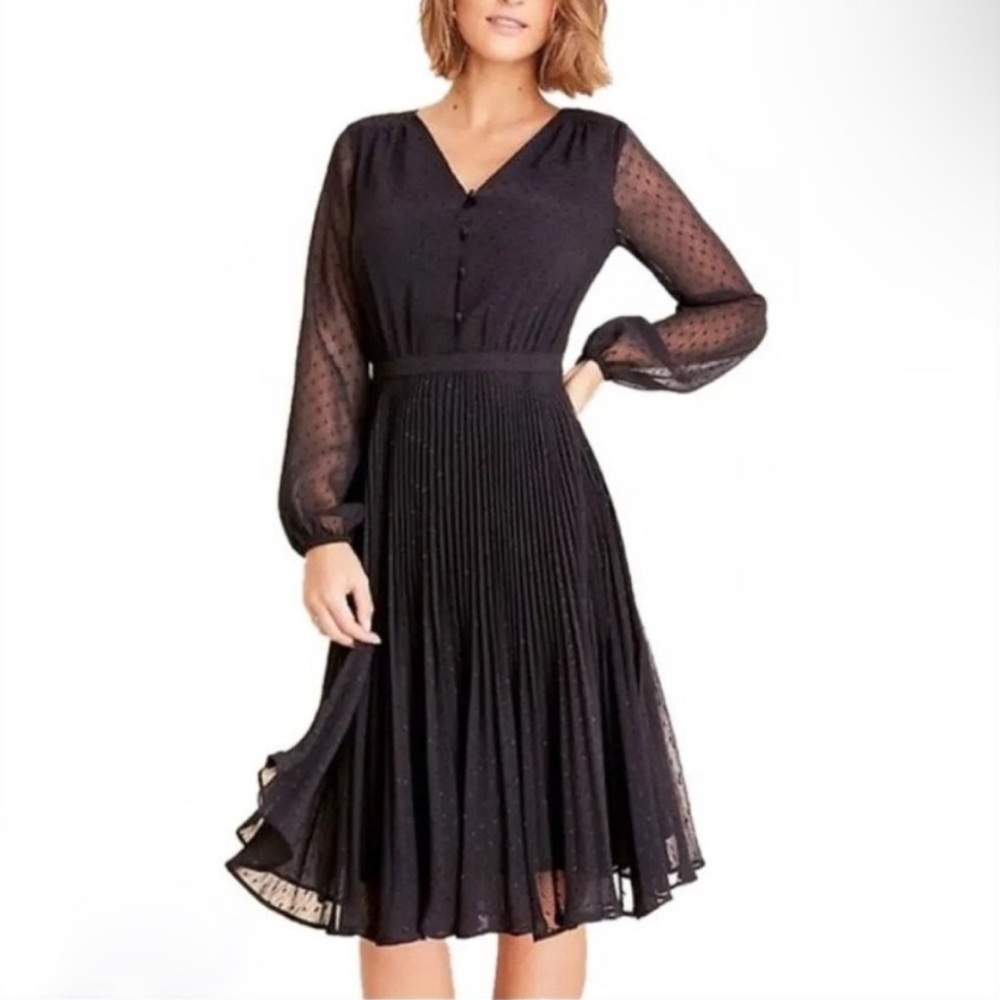 ANN TAYLOR V NECK PLEATED SKIRT SWISS-DOT MIDI DRESS
